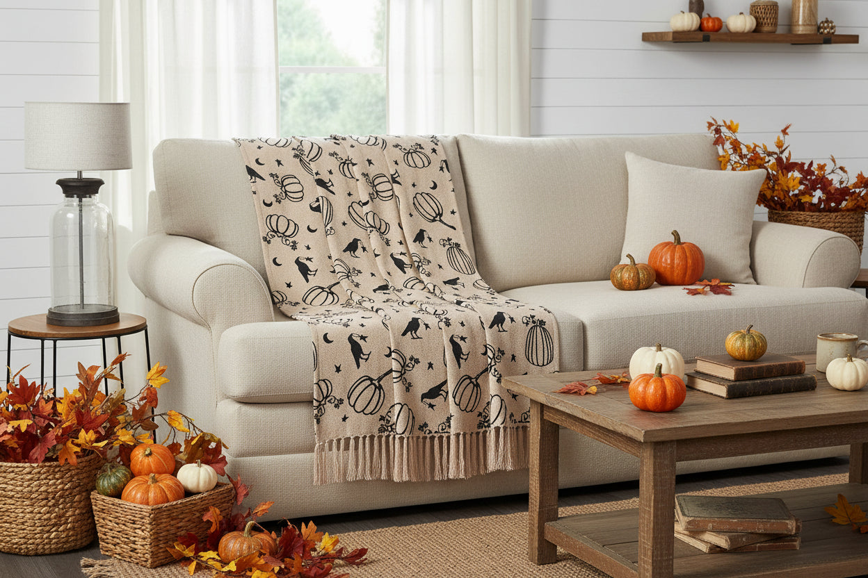 Primitive Fall Halloween Raven Harvest Throw 50x60 Pumpkin/Crow - The Primitive Pineapple Collection