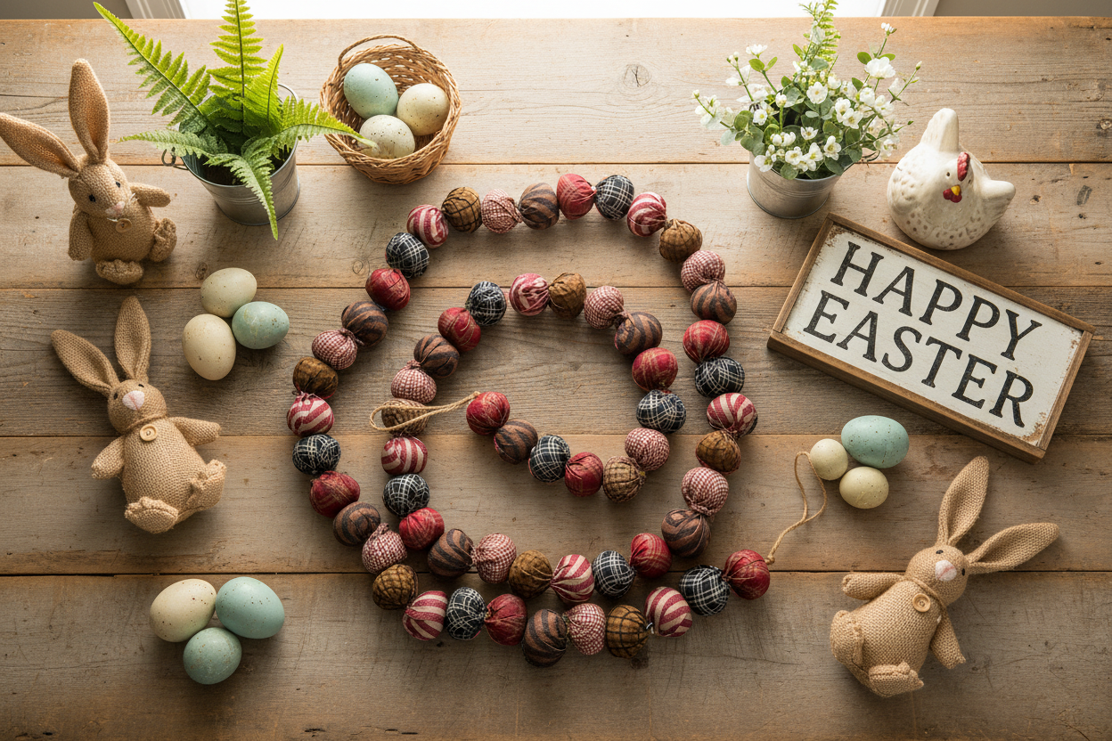 Primitive Colonial 1" Fabric Rag Ball Garland String 62" Homespun Fabric - The Primitive Pineapple Collection