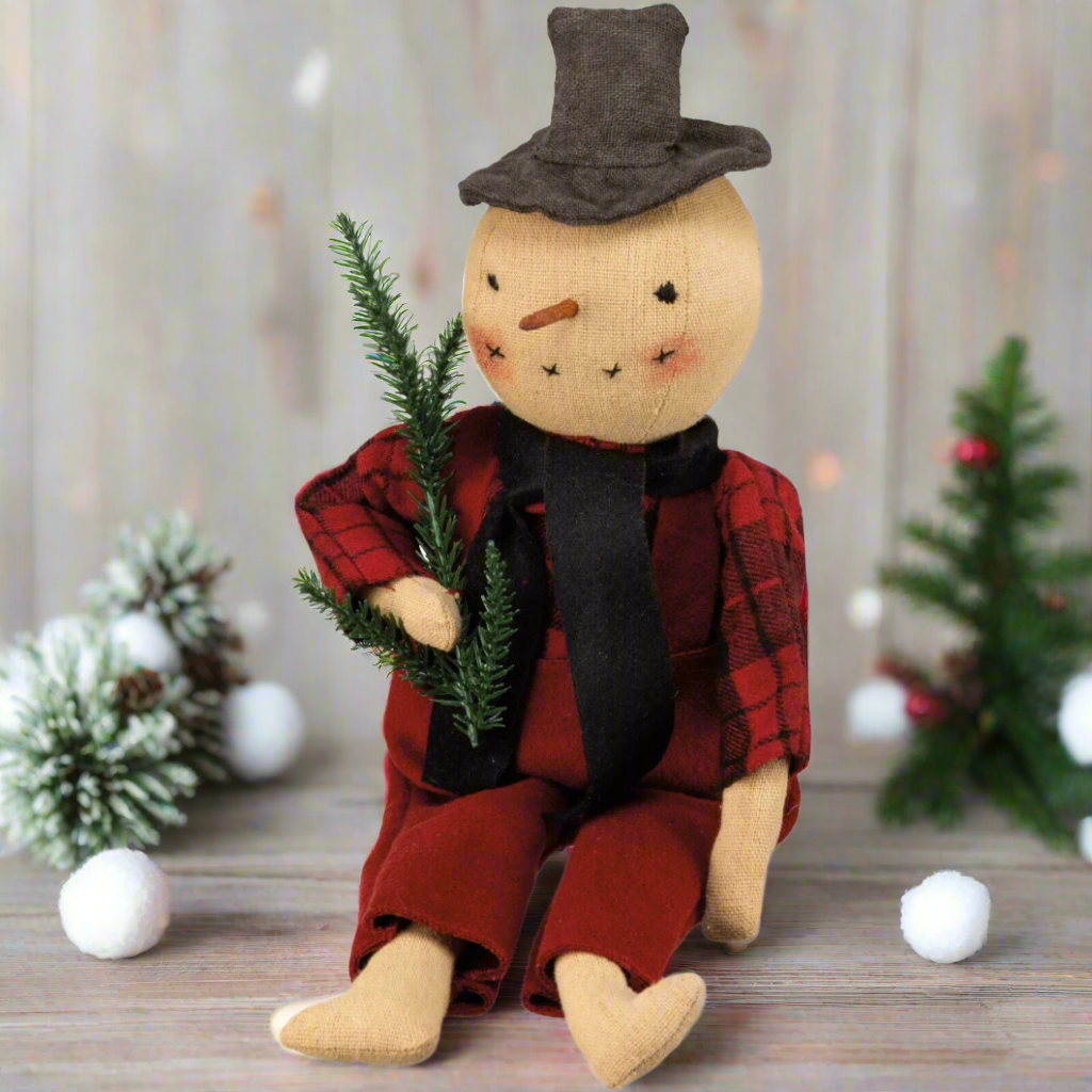 Primitive Snowman Doll 13.5 Black/Red Flannel Christmas/Holiday - The Primitive Pineapple Collection