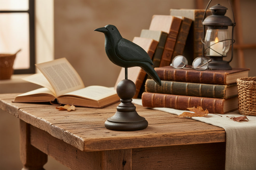 Primitive Country Rustic Black Crow Raven on Spindle - The Primitive Pineapple Collection