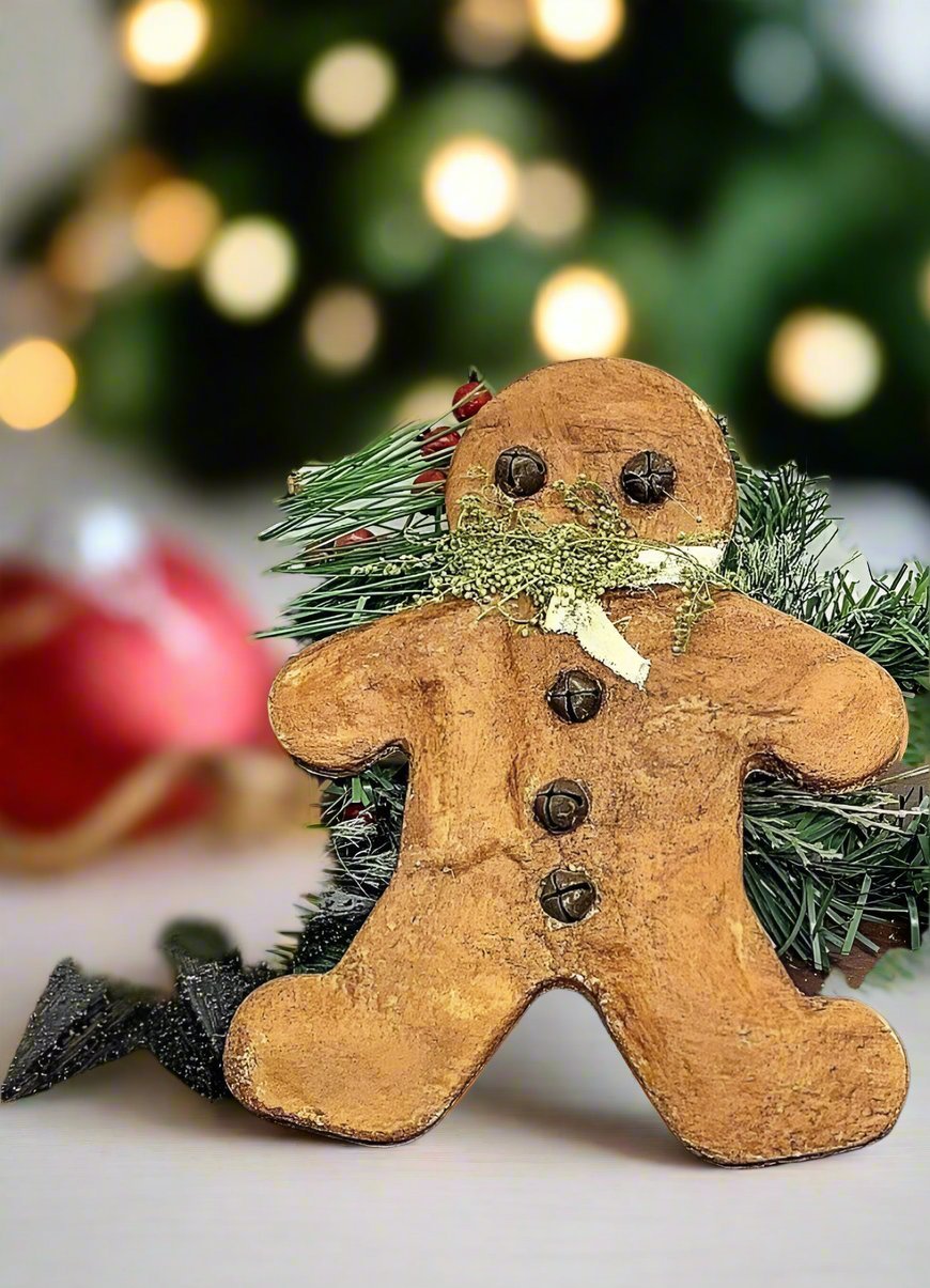 Handmade 9" Gingerbread Boy Christmas Rusty Bells Hanging Ornament. - The Primitive Pineapple Collection