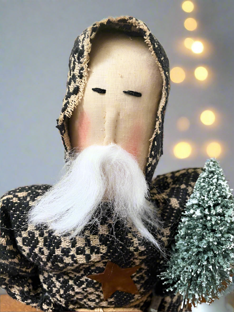 Christmas Handmade Kris Kringle Stump Santa Doll w/ Prim Black Coverlet - The Primitive Pineapple Collection
