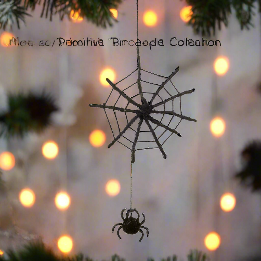 Handcrafted Wool Felted Halloween Spooky Hanging Spider Web w/ Spider Ornament - The Primitive Pineapple Collection