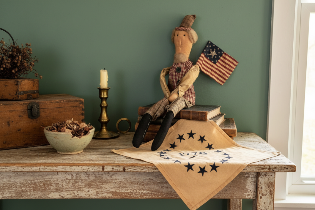 Primitive Farmhouse 22" Americana Uncle Sammy Rag Doll with Flag - The Primitive Pineapple Collection