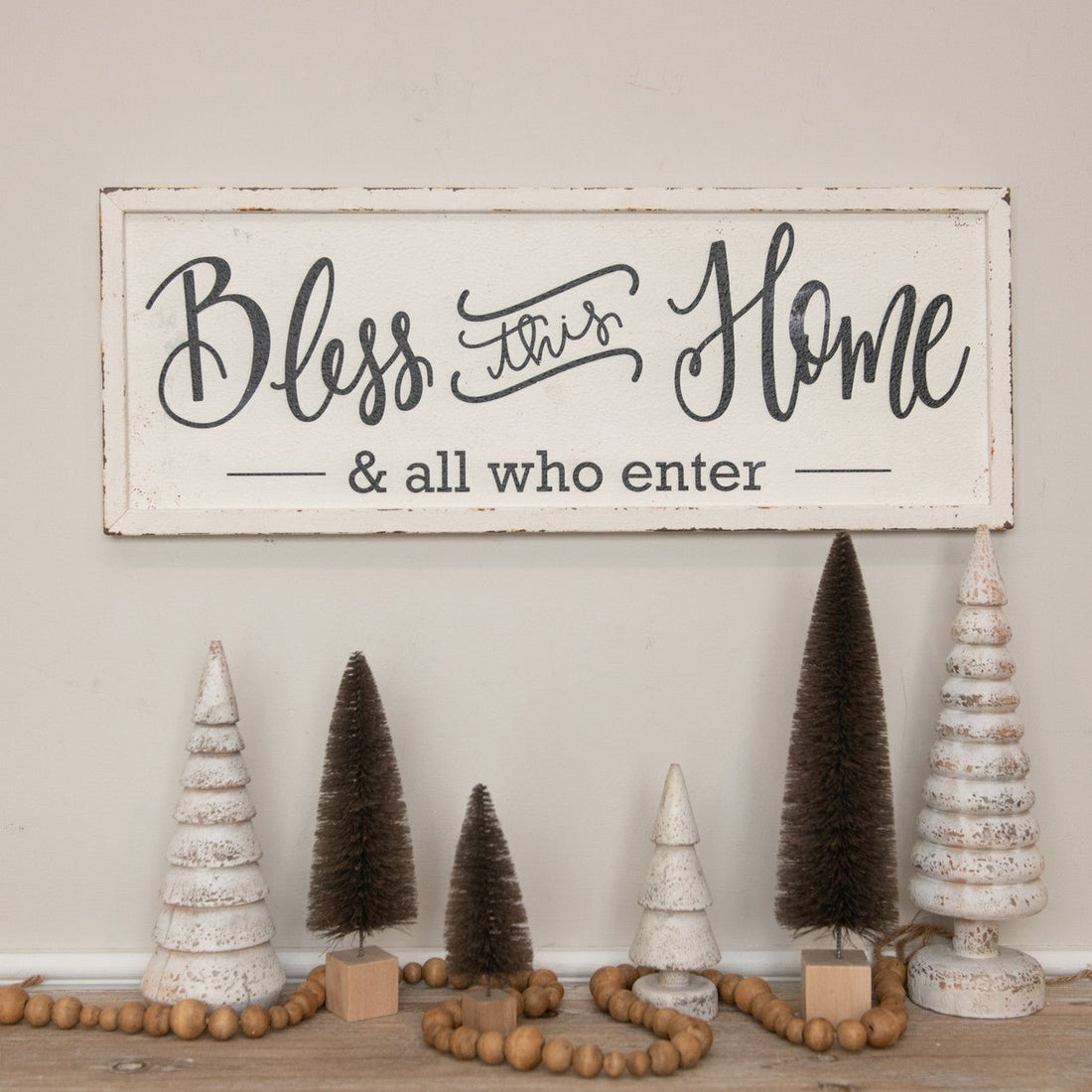 Ragon House Christmas 24” White Distressed Bless This Home Metal Sign - The Primitive Pineapple Collection
