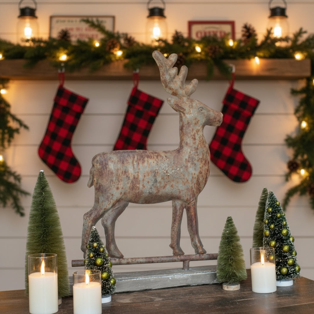 Primitive Ragon House Christmas Distressed Metal Deer On Base 29"H - The Primitive Pineapple Collection