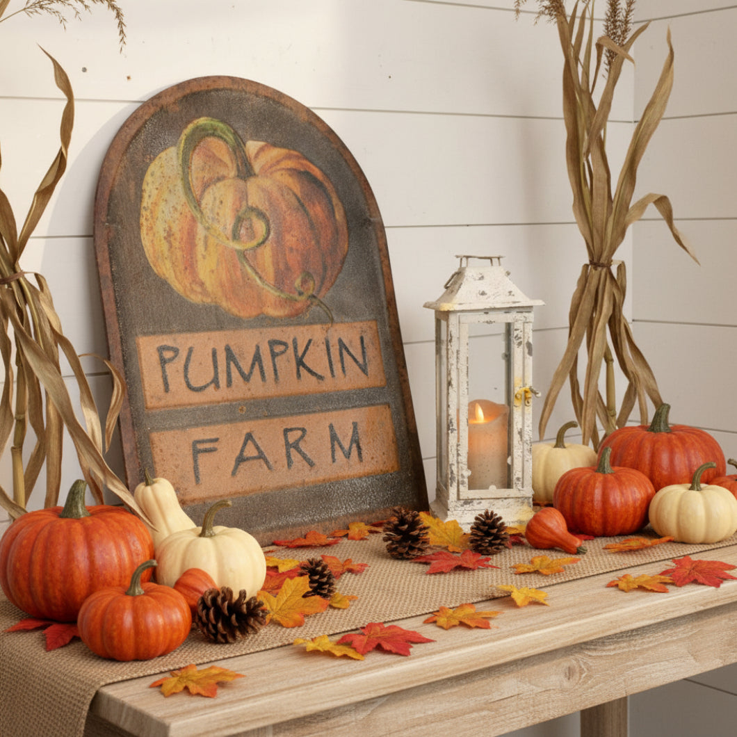 Ragon House Autumn Harvest Metal Distressed Pumpkin Farm Sign 24”H - The Primitive Pineapple Collection