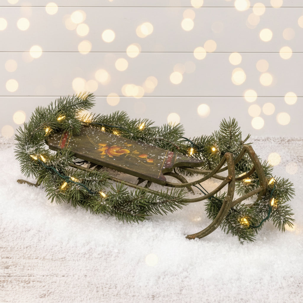 Christmas Ragon House Reproduction 34.25” L Vintage Metal Green Sled - The Primitive Pineapple Collection