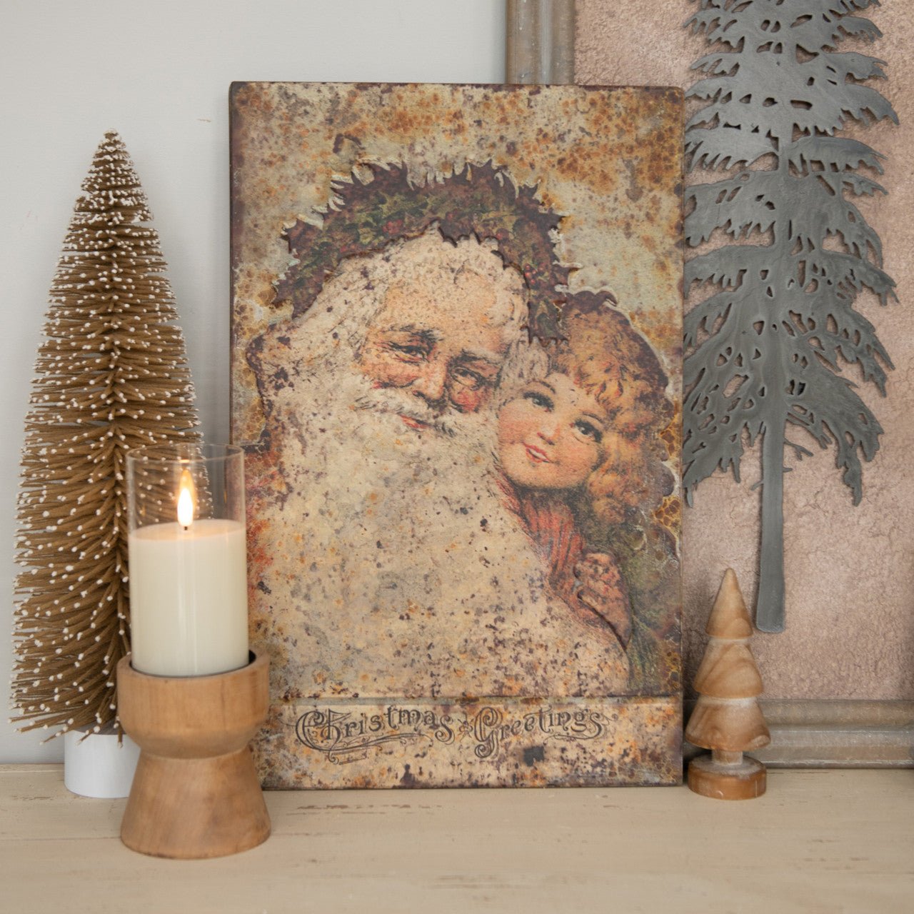 Christmas Ragon House 19.5” Metal Santa w/ Child Vintage Plaque - The Primitive Pineapple Collection