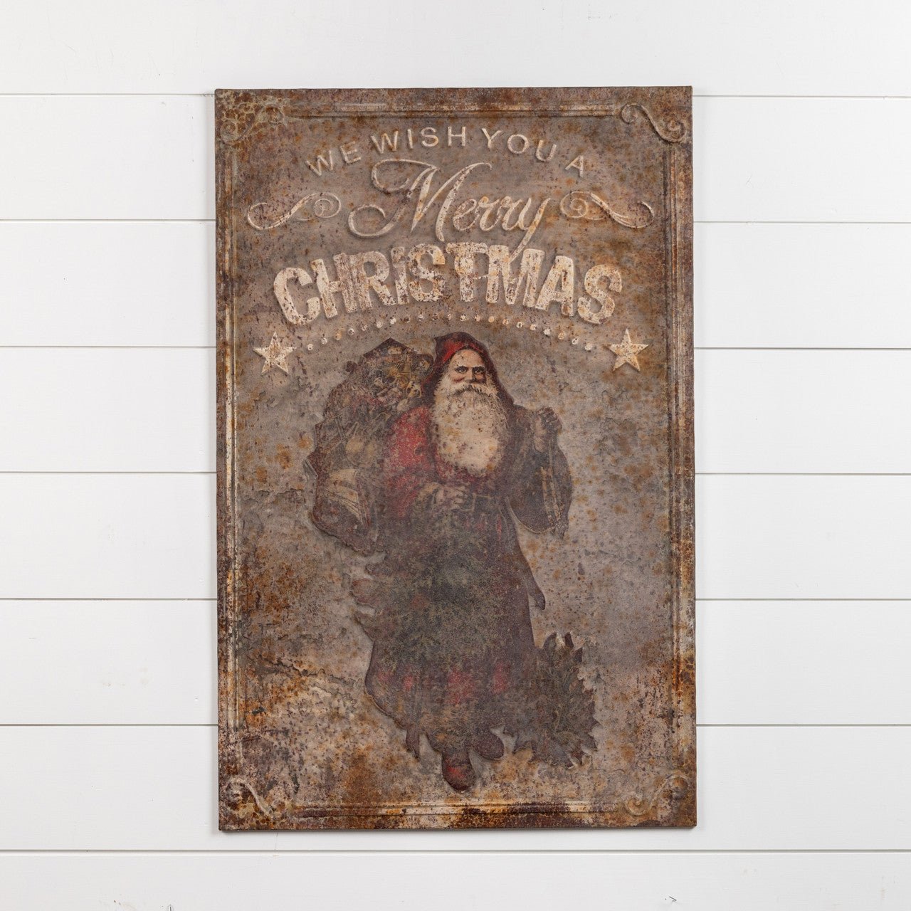 Ragon House Christmas 38.75” Distressed Metal Vintage Santa Merry Christmas Sign - The Primitive Pineapple Collection