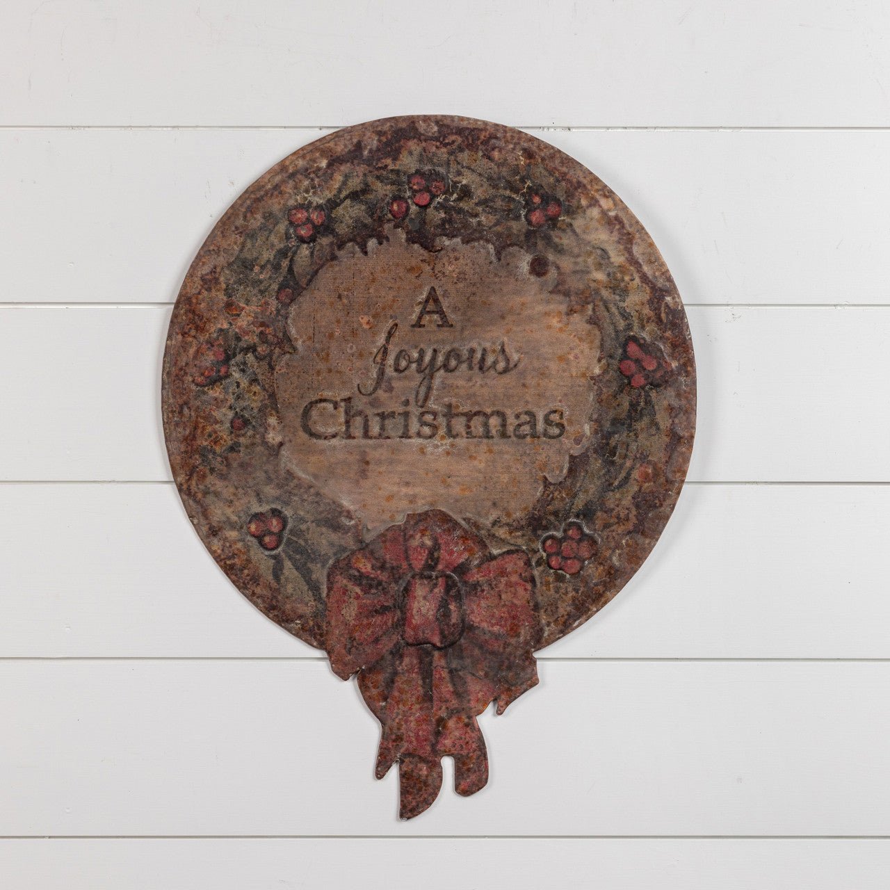 Ragon House Christmas 26” Distressed Joyous Christmas Wreath Metal Sign - The Primitive Pineapple Collection