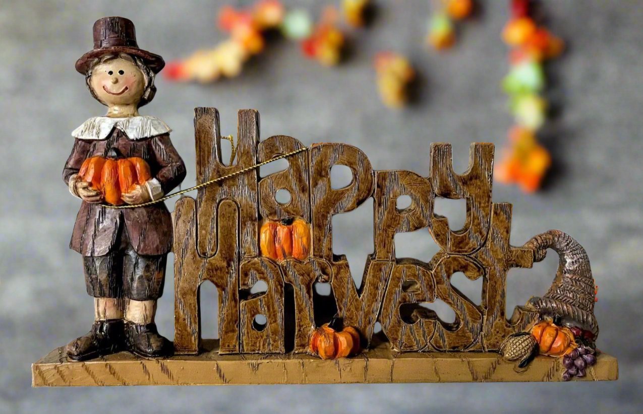 Farmhouse/Country Fall Pilgrim Give Thanks or Happy Harvest Tabletop Sign 3” x 4" - The Primitive Pineapple Collection
