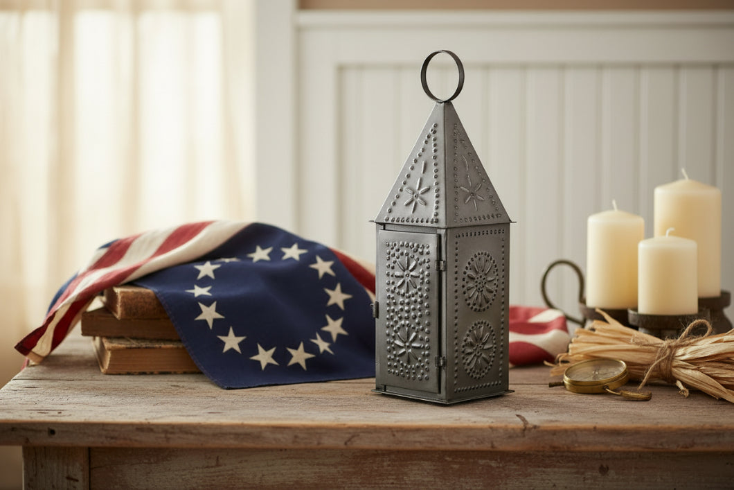 Primitive/ Early American Punched Tin Steeple Lantern Taper Candle - The Primitive Pineapple Collection