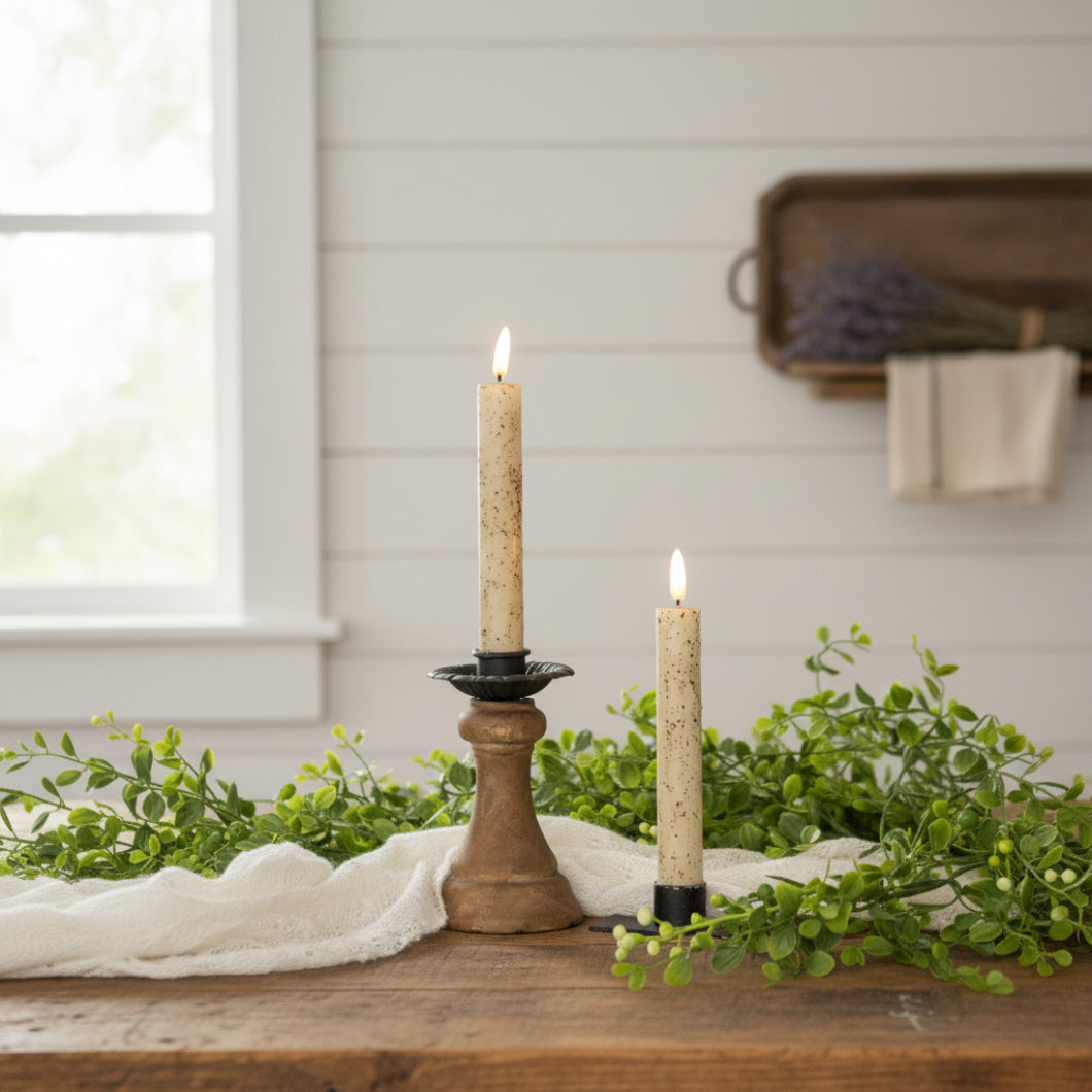 Primitive Country 7" 3D Flame 2 pc Cream Flicker Taper Candle 6hr timer - The Primitive Pineapple Collection