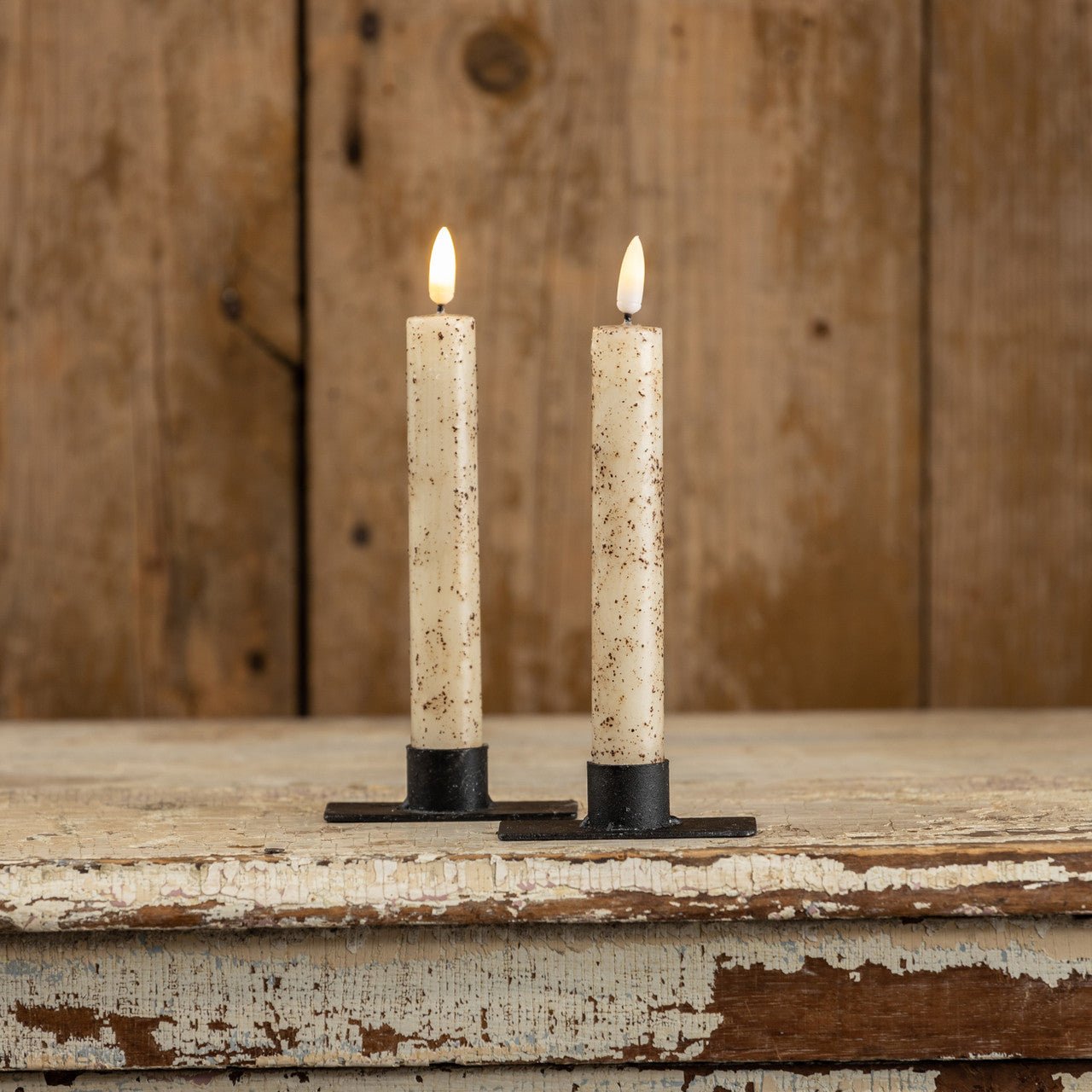 Primitive Country 7" 3D Flame 2 pc Cream Flicker Taper Candle 6hr timer - The Primitive Pineapple Collection