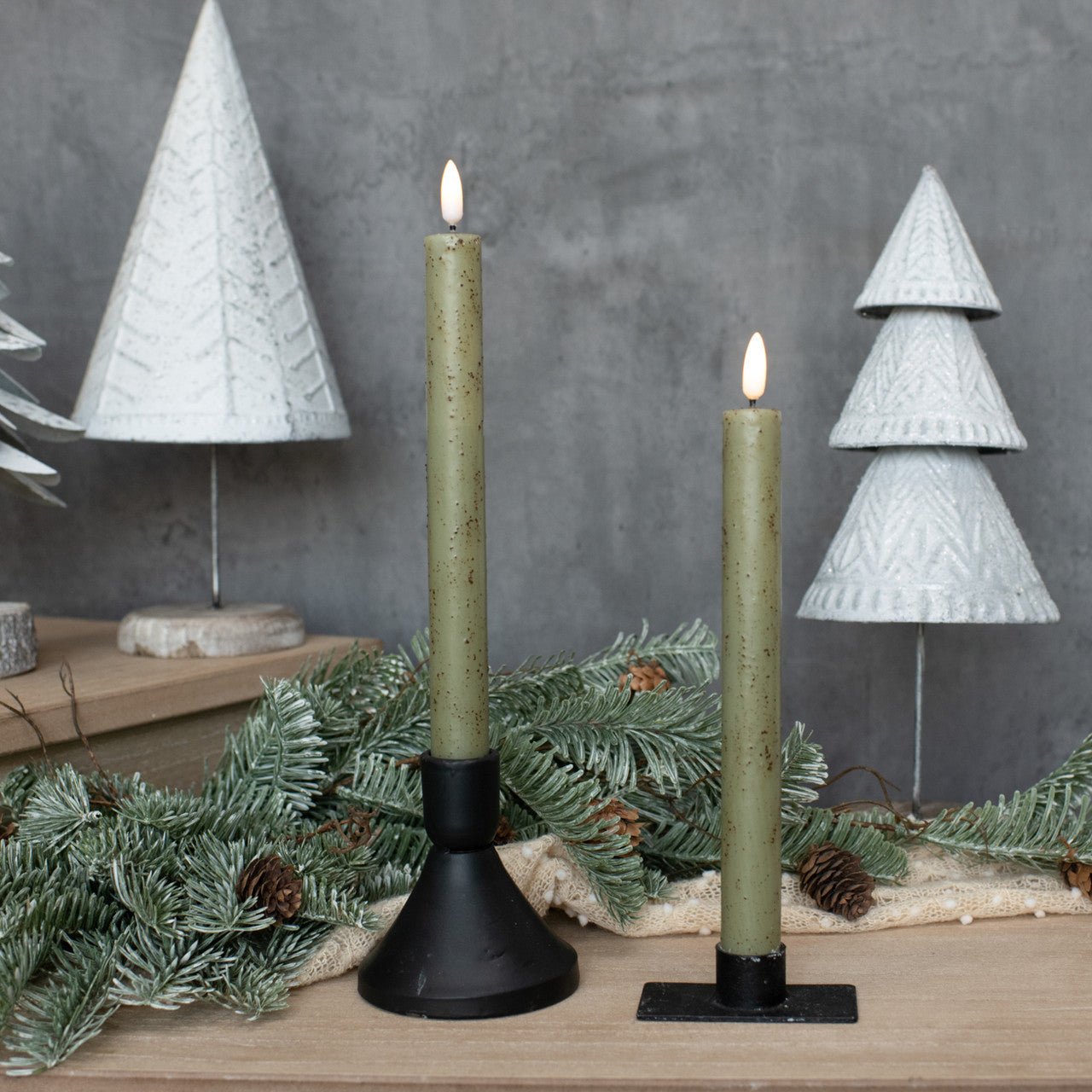 Primitive Country 9.5" 3D Flame 2 pc Green Flicker Taper Candle 6hr timer - The Primitive Pineapple Collection