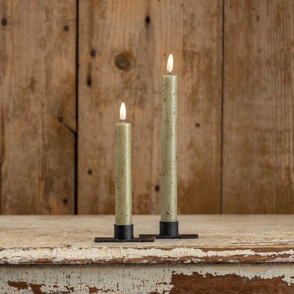 Primitive Country 7" 3D Flame 2 pc Green Flicker Taper Candle 6hr timer - The Primitive Pineapple Collection