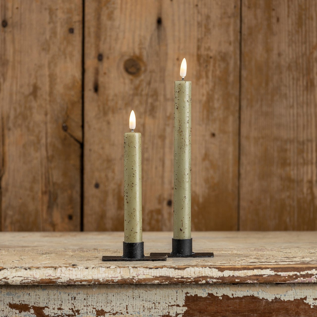 Primitive Country 9.5" 3D Flame 2 pc Green Flicker Taper Candle 6hr timer - The Primitive Pineapple Collection