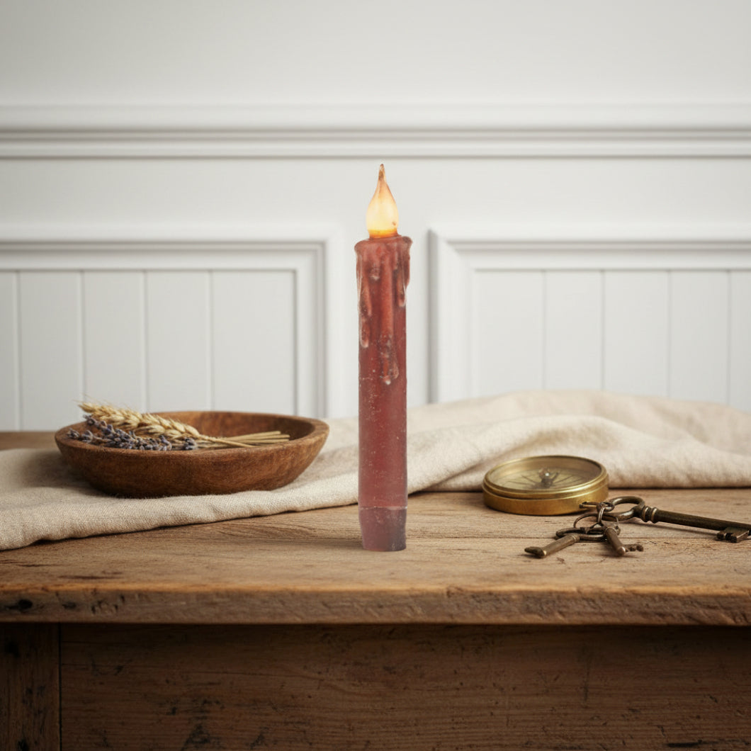 Primitive/Country Burgundy 7" Battery Operated Flameless Taper Candle W/ Timer - The Primitive Pineapple Collection
