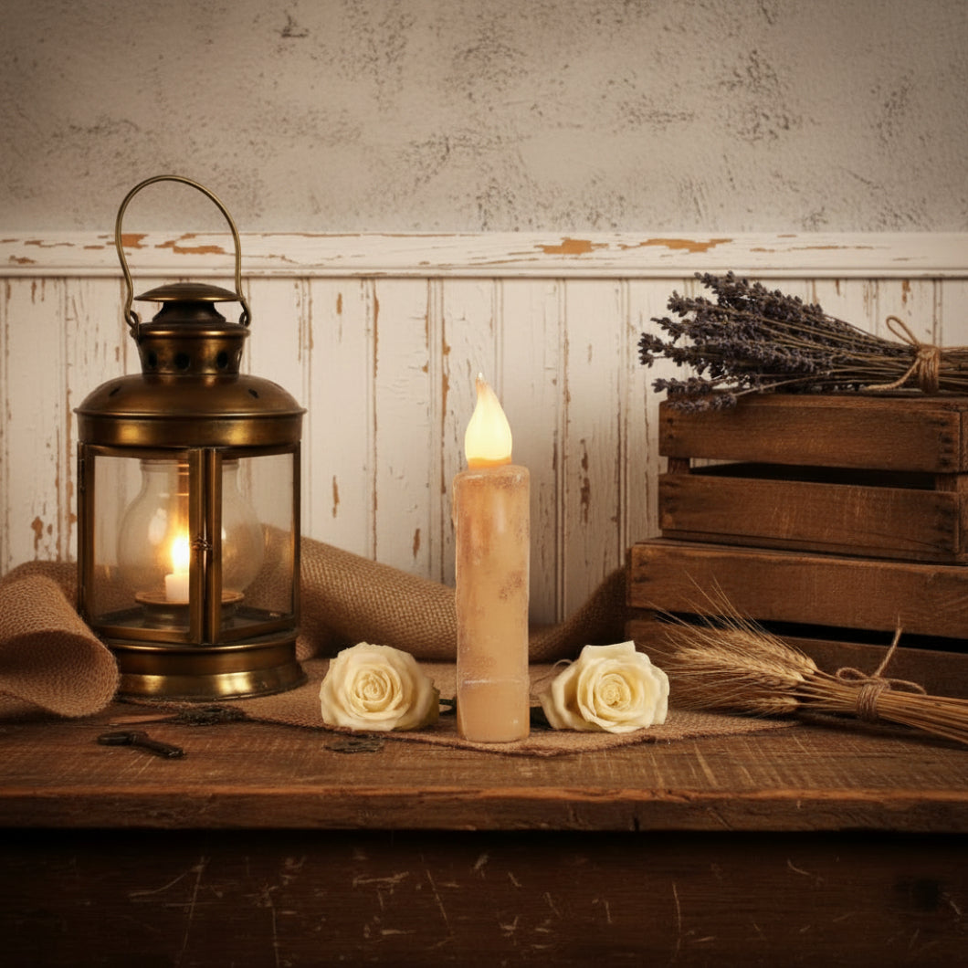 Primitive/Country 4" Battery Operated Cream Taper Candle W/Timer - The Primitive Pineapple Collection