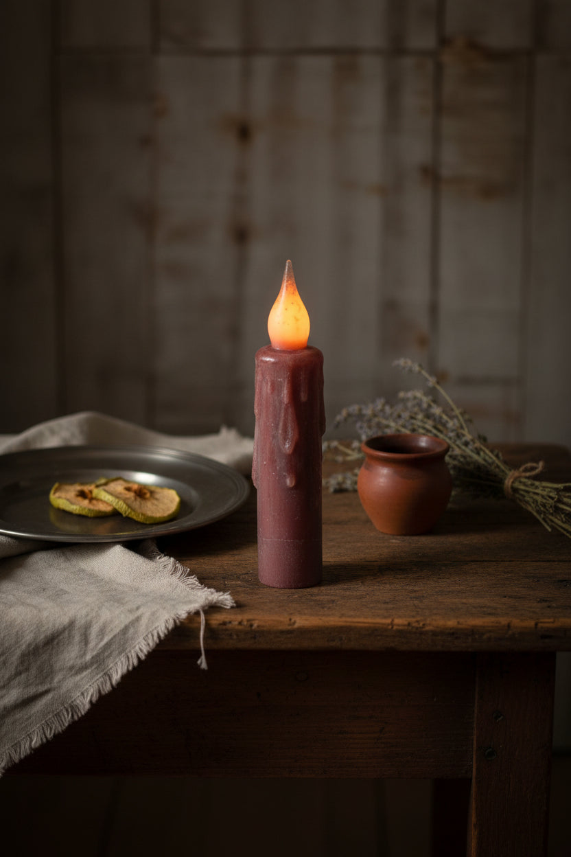 Primitive/Country 4" Battery Operated Burgundy Taper Candle W/Timer - The Primitive Pineapple Collection