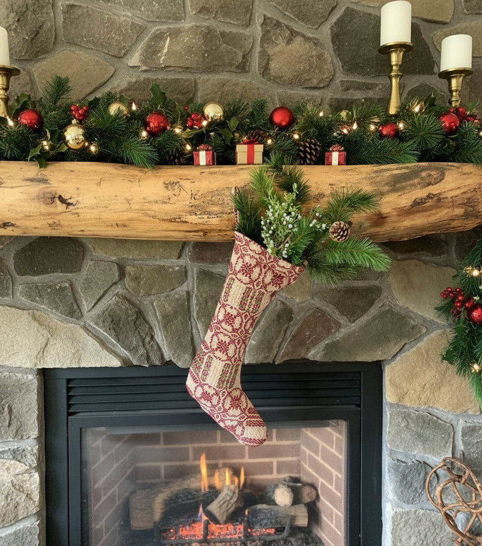 Primitive Christmas Cambridge Red/Green/Tan Coverlet Fabric Stocking 25"L - The Primitive Pineapple Collection