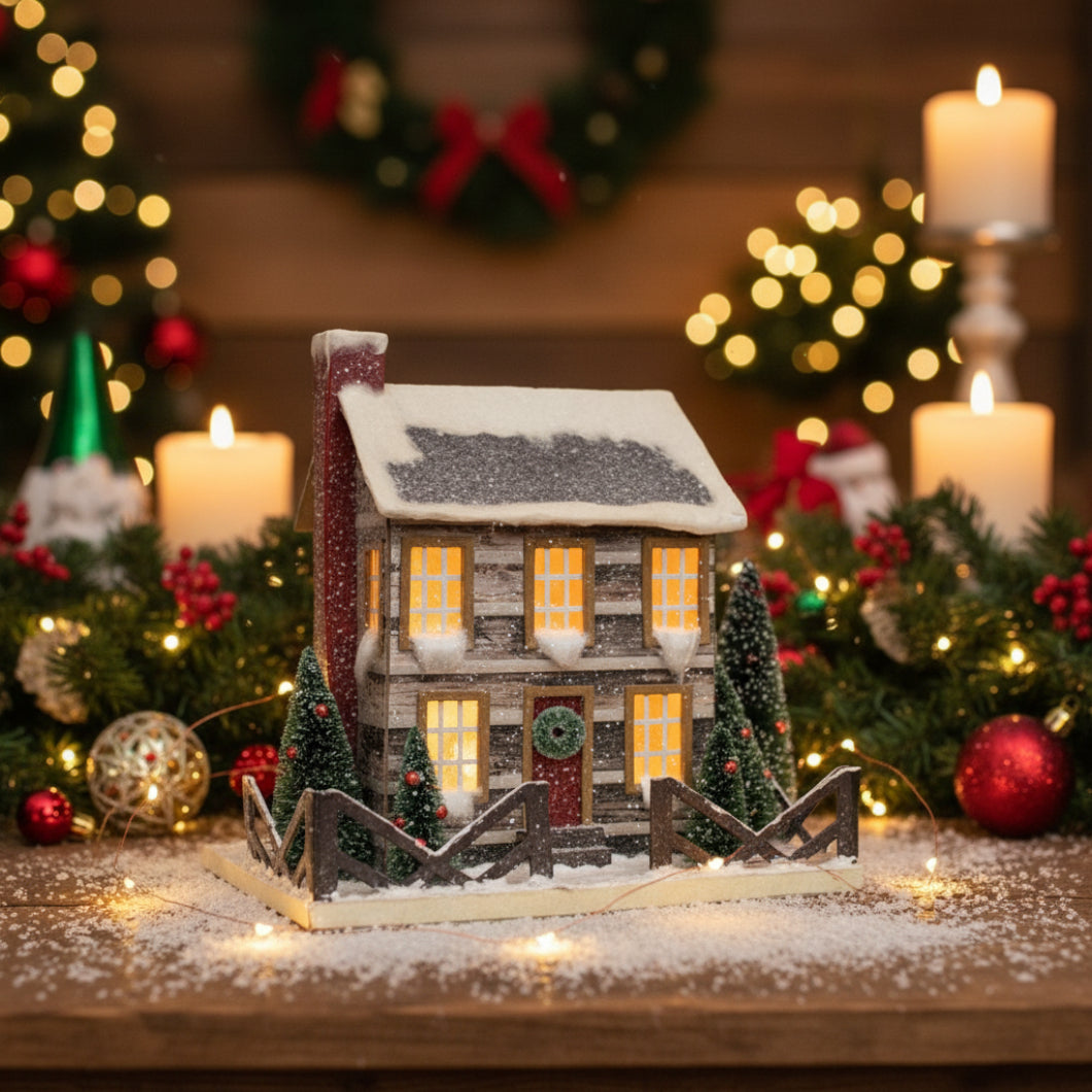 Primitive Ragon House Christmas 12” Light Up Putz Style Log Cabin Bottle Brush Tree - The Primitive Pineapple Collection