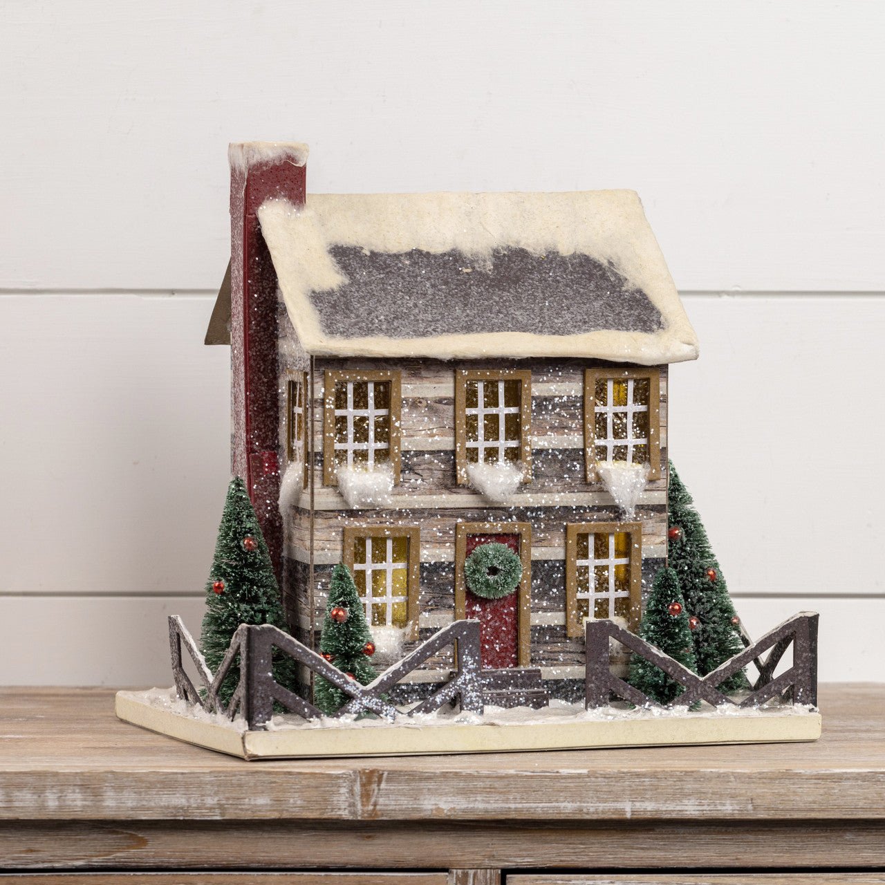 Primitive Ragon House Christmas 12” Light Up Putz Style Log Cabin Bottle Brush Tree - The Primitive Pineapple Collection