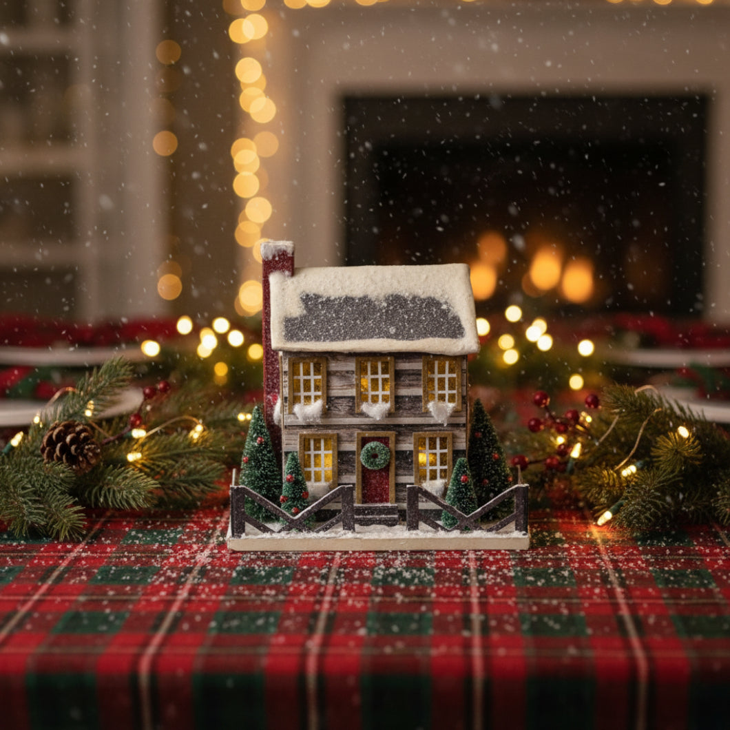 Primitive Ragon House Christmas 12” Light Up Putz Style Log Cabin Bottle Brush Tree - The Primitive Pineapple Collection