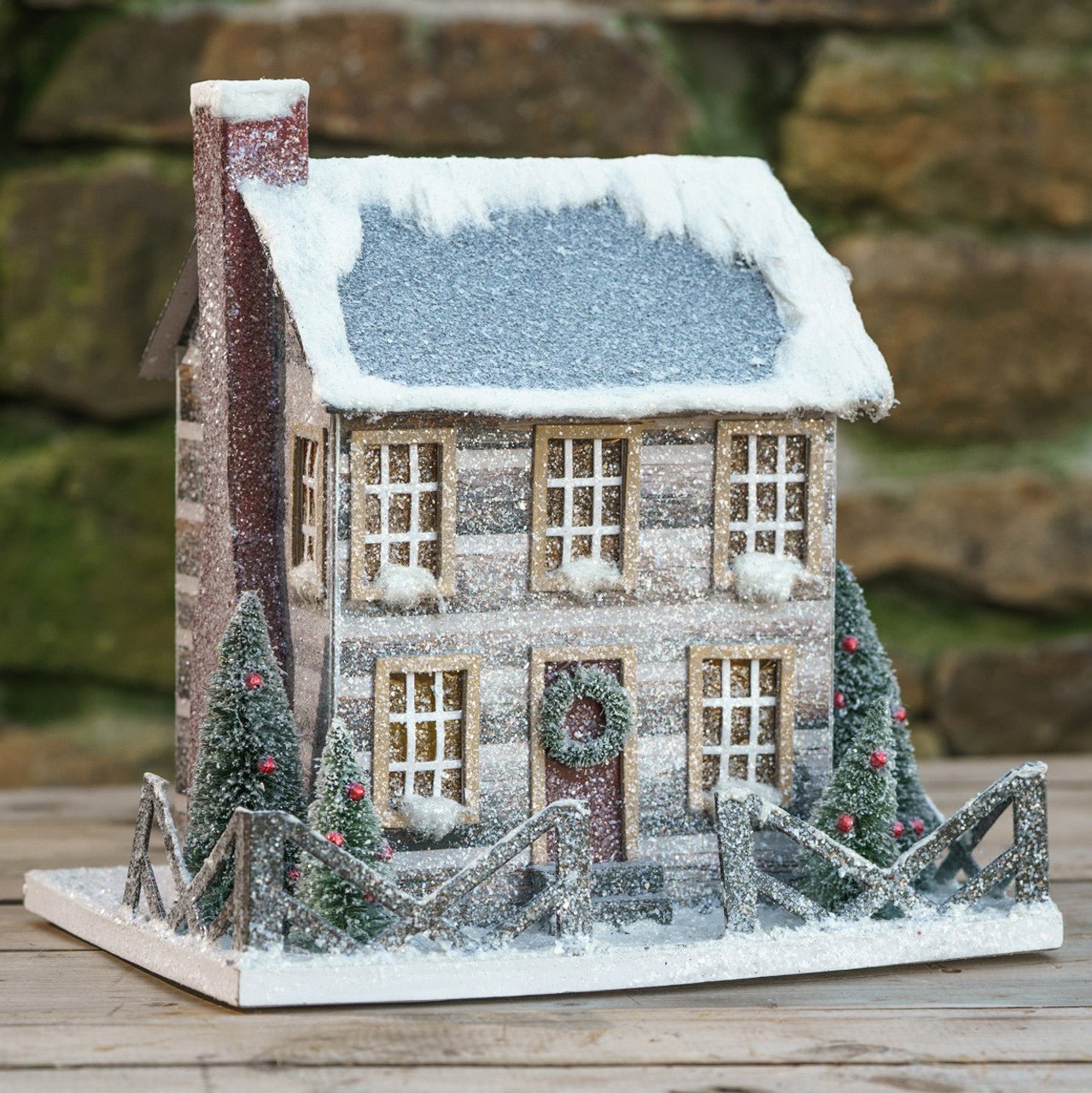 Primitive Ragon House Christmas 12” Light Up Putz Style Log Cabin Bottle Brush Tree - The Primitive Pineapple Collection