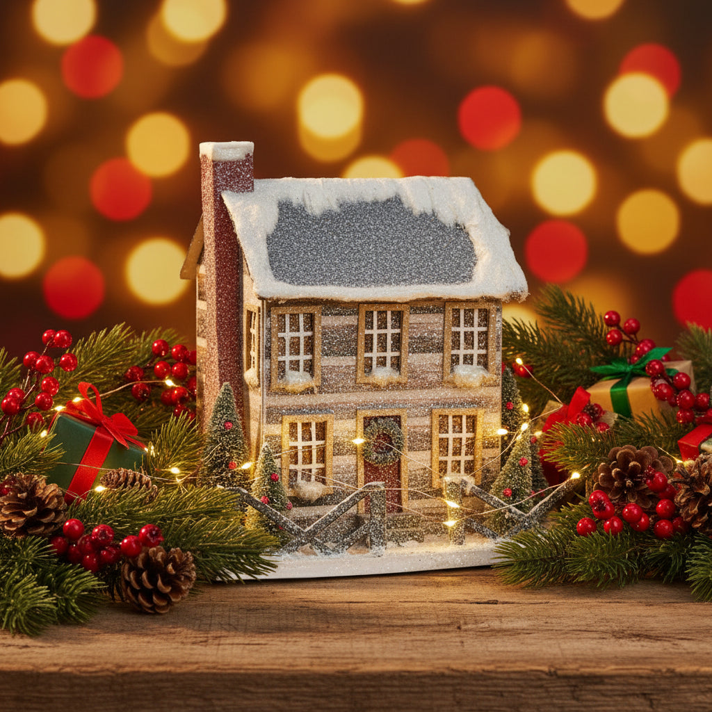 Primitive Ragon House Christmas 12” Light Up Putz Style Log Cabin Bottle Brush Tree - The Primitive Pineapple Collection