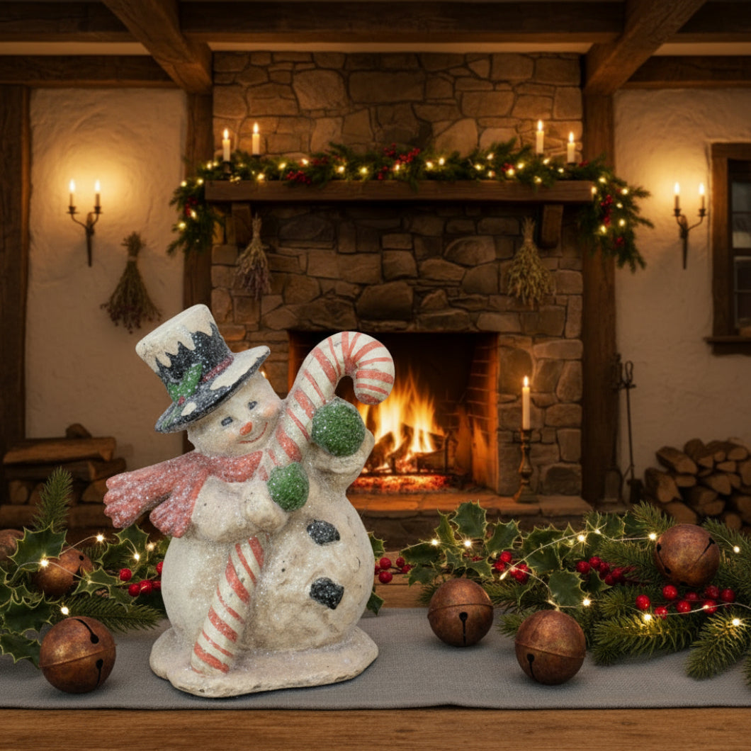 Primitive Christmas Ragon House 10” Retro Look Candy Cane Snowman - The Primitive Pineapple Collection
