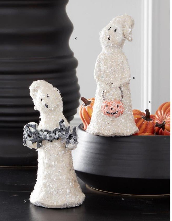 Folk Art Halloween 7.75 Inch Glitter Halloween Ghost w/ Spooky Sign - The Primitive Pineapple Collection