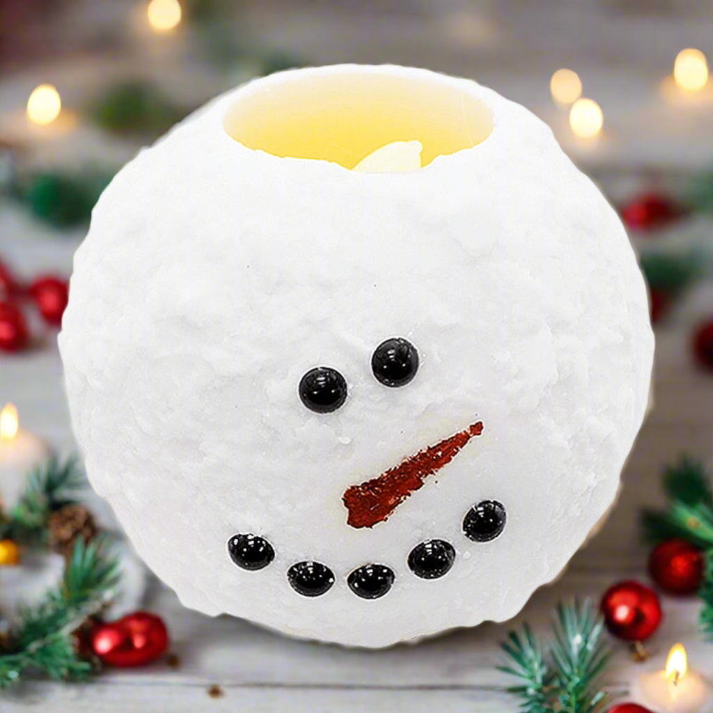 Christmas Snowman Bumpy White Round LED Candle w/ Timer 3” x 4" - The Primitive Pineapple Collection