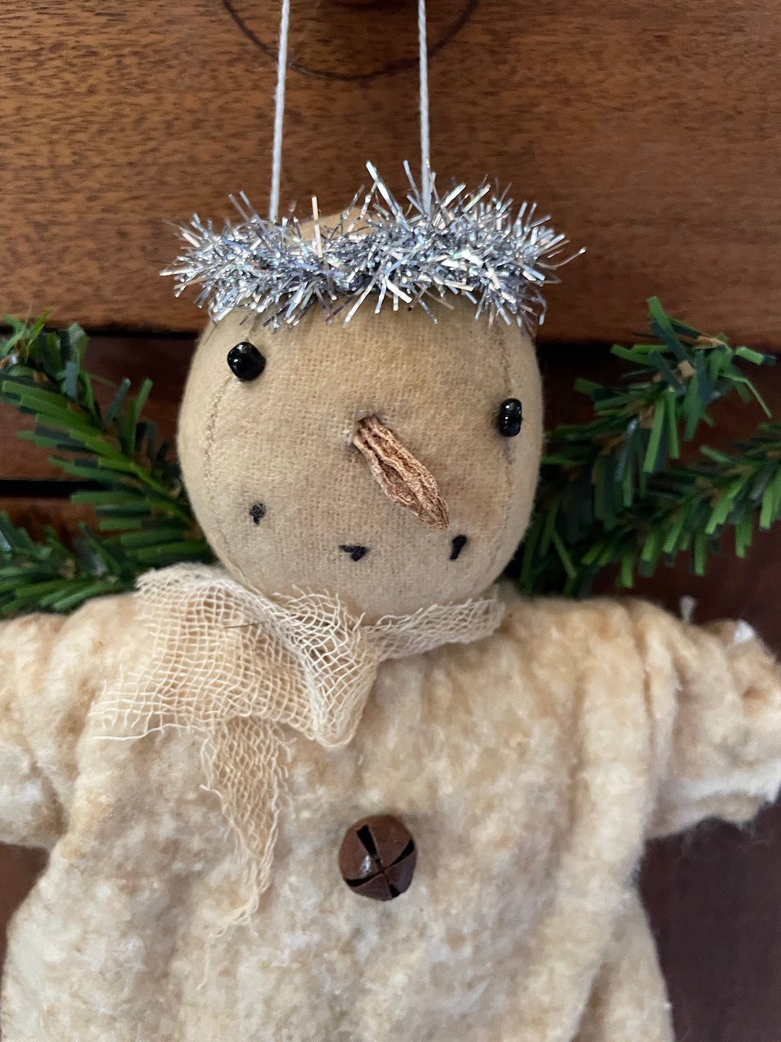 Primitive Handmade Christmas Tinsel Angel Ornament w/ Greens 7" USA - The Primitive Pineapple Collection