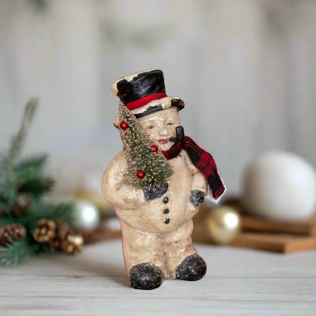 Primitive Ragon House Christmas 8" Face Snowman w/ Bottle Brush Tree - The Primitive Pineapple Collection
