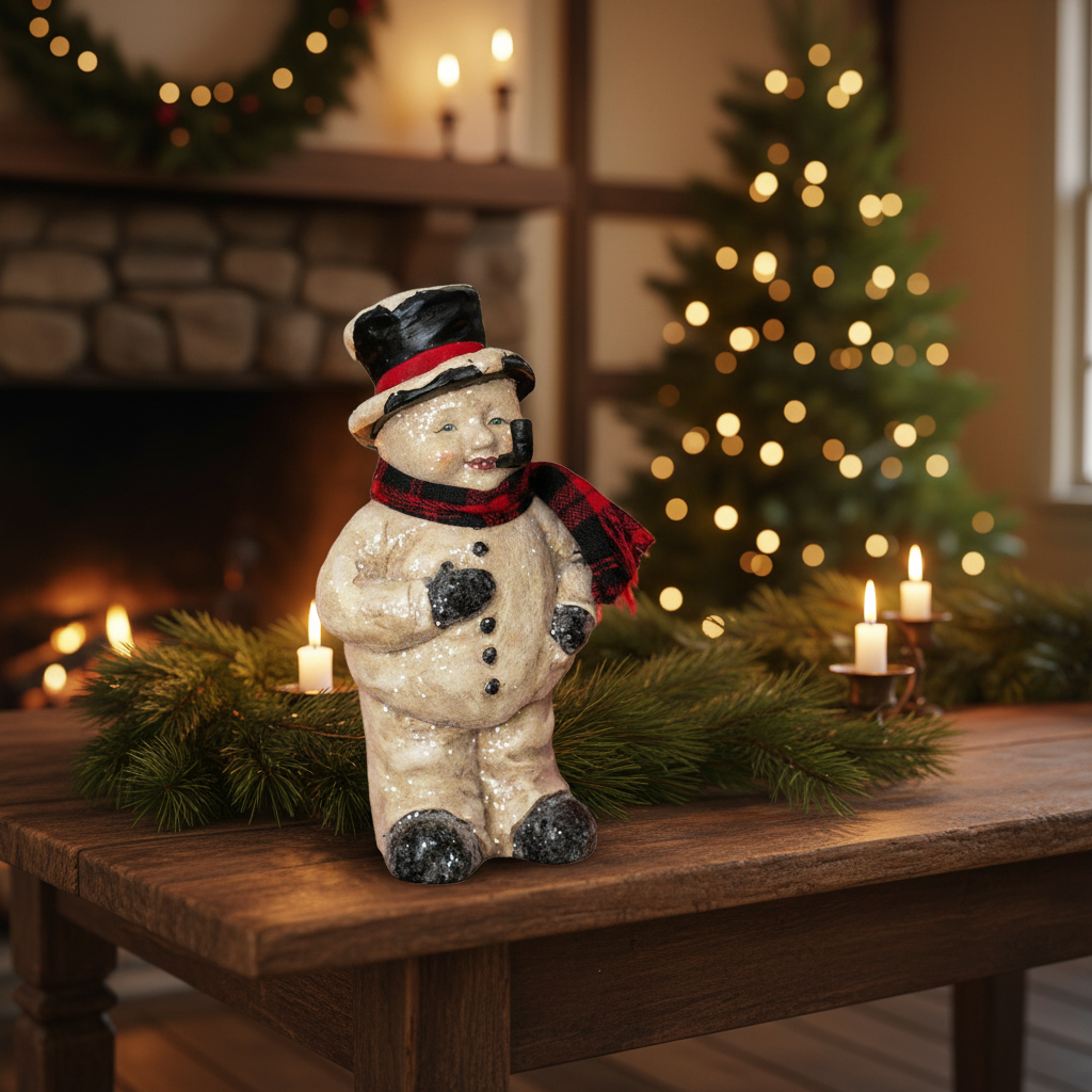 Primitive Ragon House Christmas Folk art 8.5" Face Snowman Pipe Scarf Top Hat - The Primitive Pineapple Collection