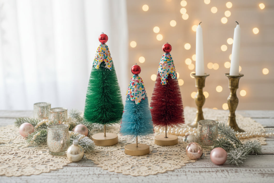Ragon House Christmas Sprinkle Topped Bottle Brush Trees Set Of 3 - The Primitive Pineapple Collection