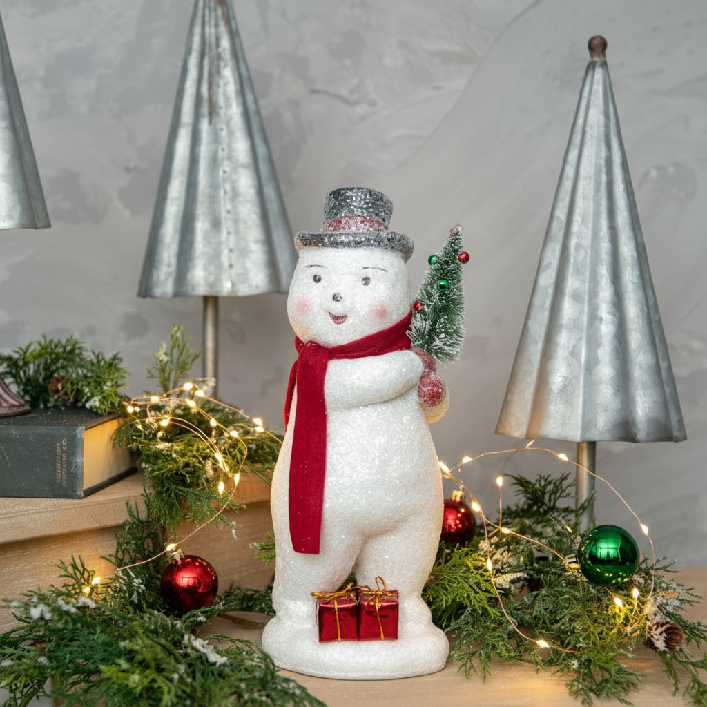 Ragon House Christmas 12” Vintage Snowman w/ Presents /Bottle Brush Tree - The Primitive Pineapple Collection