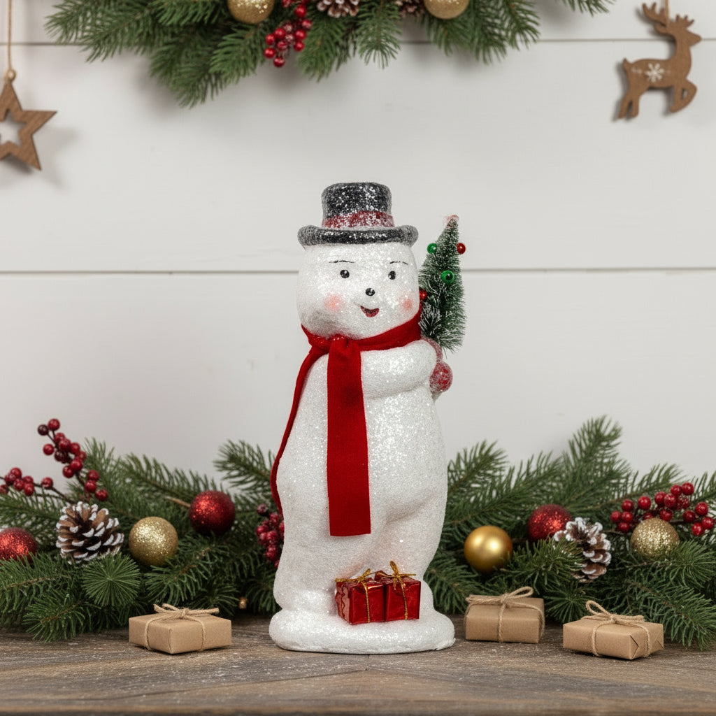 Ragon House Christmas 12” Vintage Snowman w/ Presents /Bottle Brush Tree - The Primitive Pineapple Collection