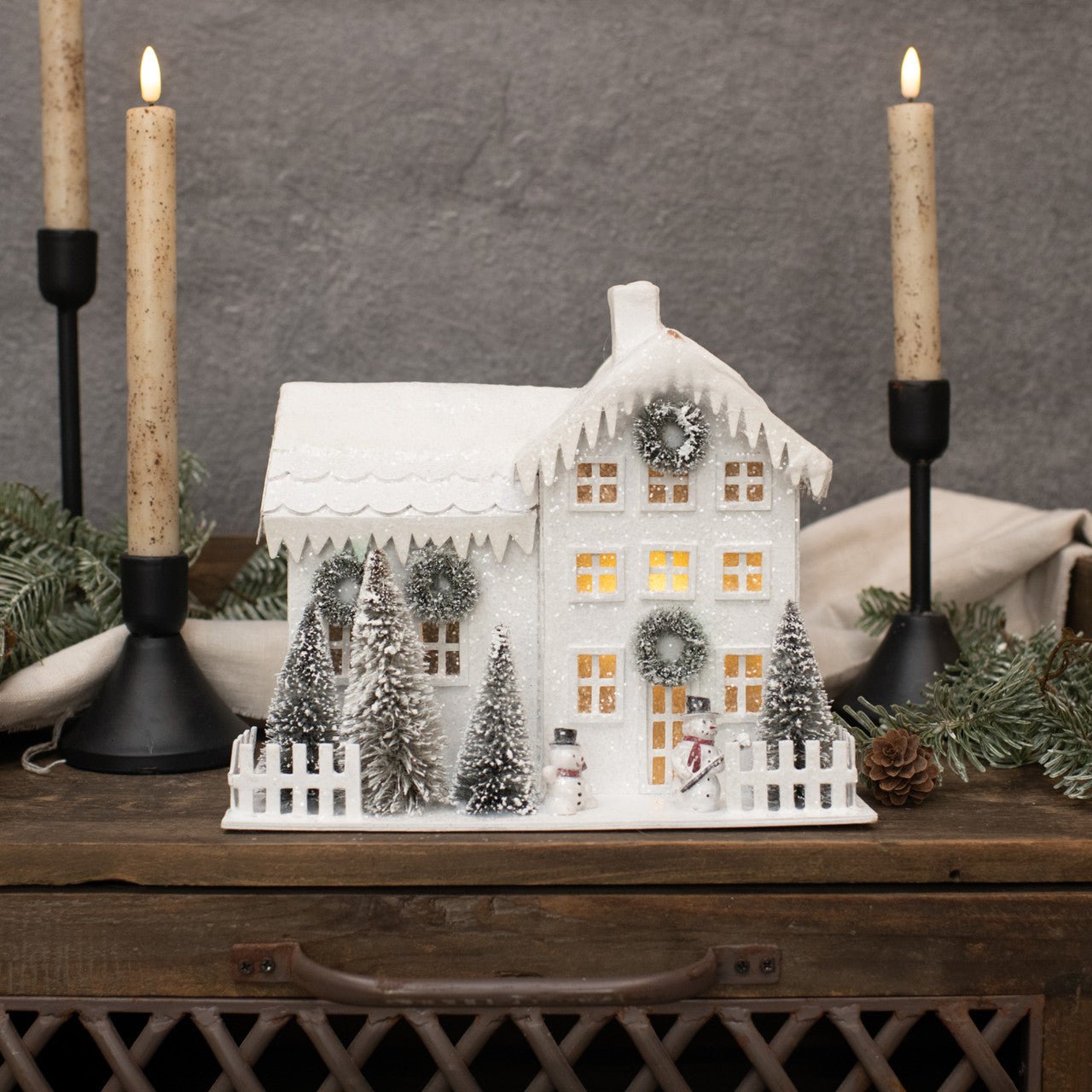 Ragon House Christmas Putz Style Light Up 8" White Farmhouse Bottle Brush Tree Snowman - The Primitive Pineapple Collection
