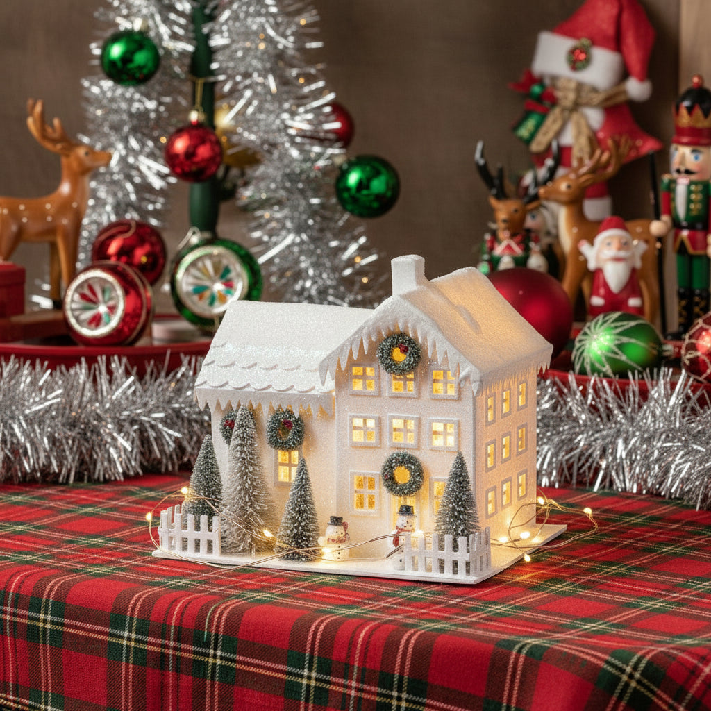 Ragon House Christmas Putz Style Light Up 8" White Farmhouse Bottle Brush Tree Snowman - The Primitive Pineapple Collection