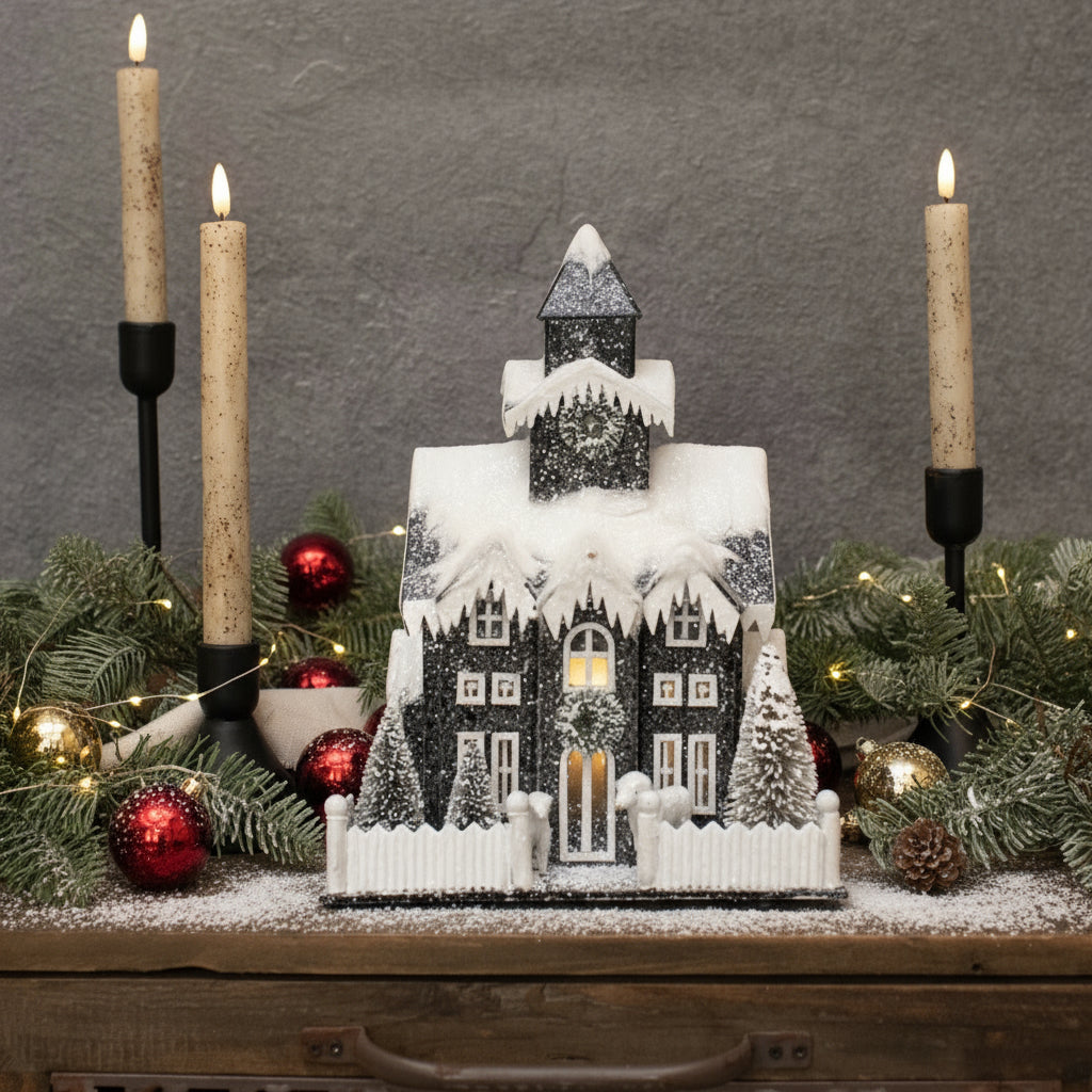 Ragon House Christmas Putz Style Light Up 13.25" Black Church Bottle Brush Tree Snowman - The Primitive Pineapple Collection