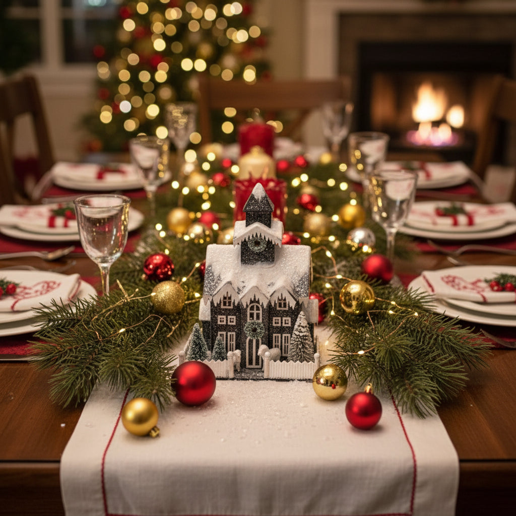 Ragon House Christmas Putz Style Light Up 13.25" Black Church Bottle Brush Tree Snowman - The Primitive Pineapple Collection