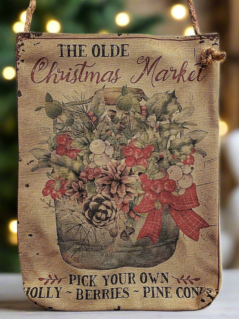 Handcrafted Primitive Retro look Hanging Olde Christmas Market Fabric pouch/Bag - The Primitive Pineapple Collection
