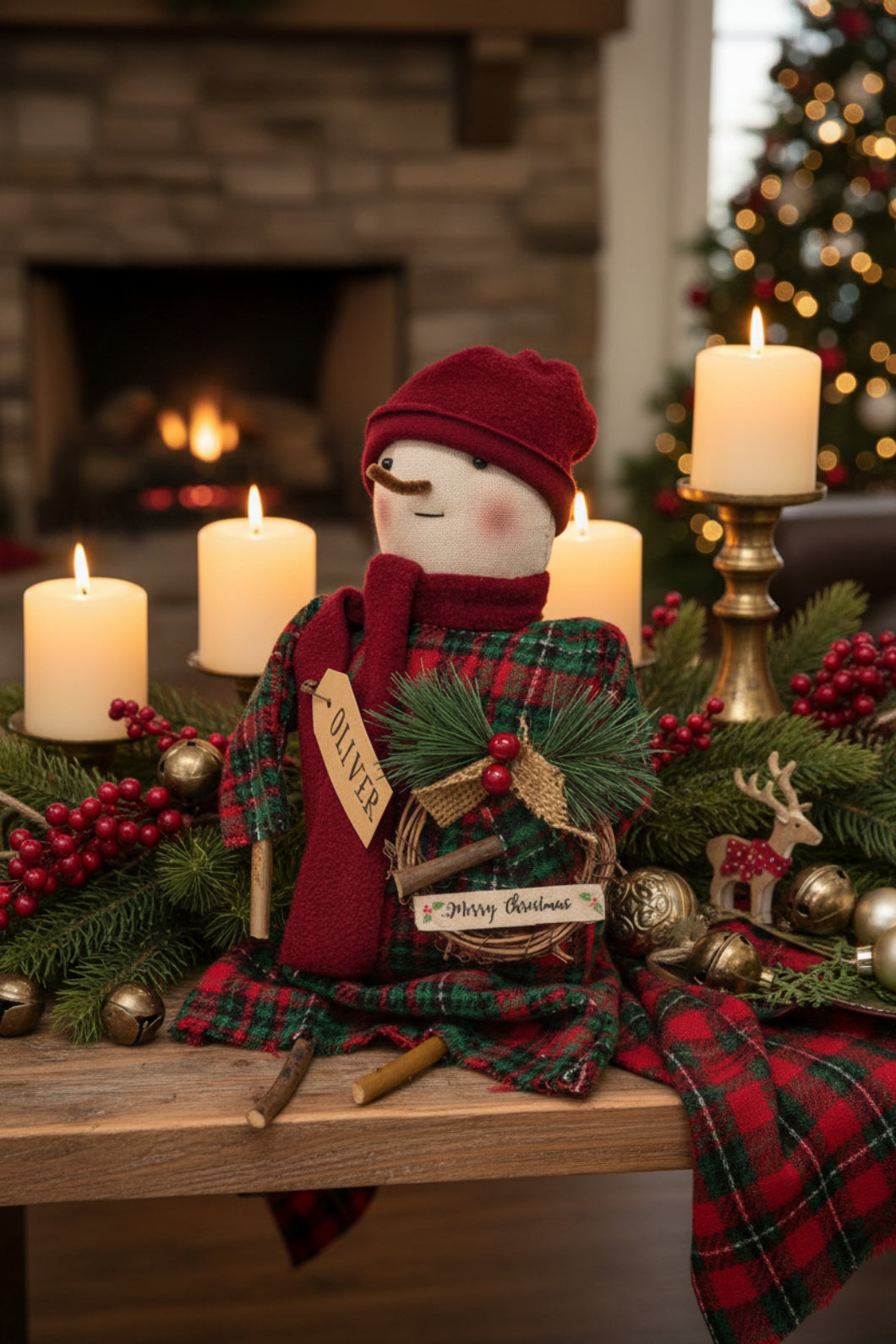 Primitive Country Christmas Plaid Oliver Snowman Doll w/ Grapevine Wreath - The Primitive Pineapple Collection