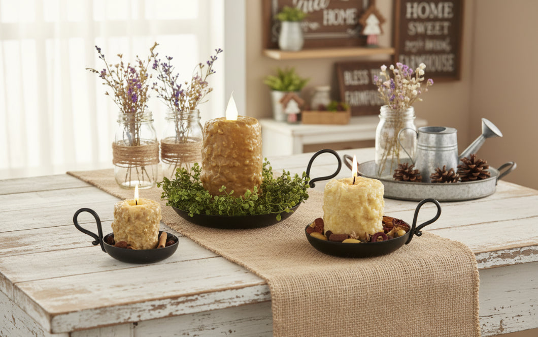 Primitive Country Rustic Wrought Iron Candle Pan With Handle 2 sizes - The Primitive Pineapple Collection