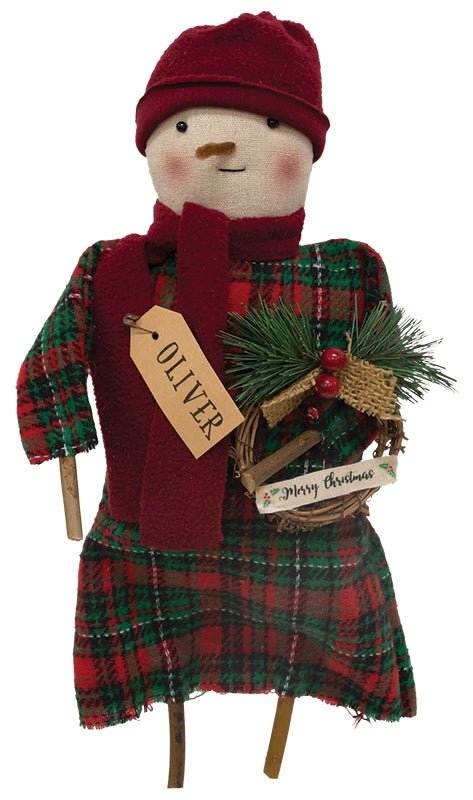 Primitive Country Christmas Plaid Oliver Snowman Doll w/ Grapevine Wreath - The Primitive Pineapple Collection