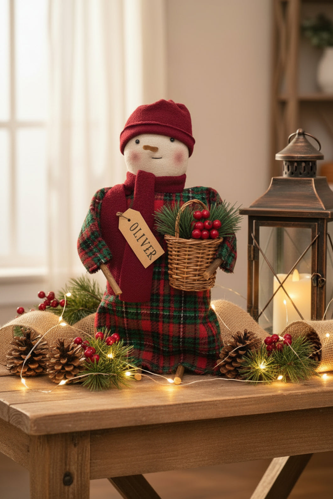 Primitive Country Christmas Plaid Oliver Snowman Doll w/ Grapevine Wreath - The Primitive Pineapple Collection