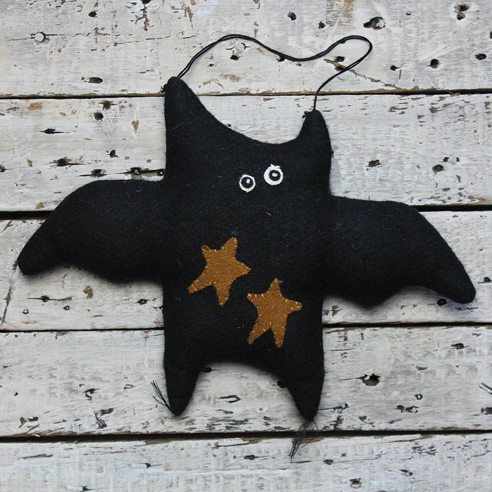 Primitive Halloween Fabric 12&quot; x 9&quot; Hanging Black Bat with Folk Art Star - The Primitive Pineapple Collection